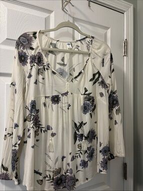 Old Navy Cream Blouse with Purple and Green Floral Print